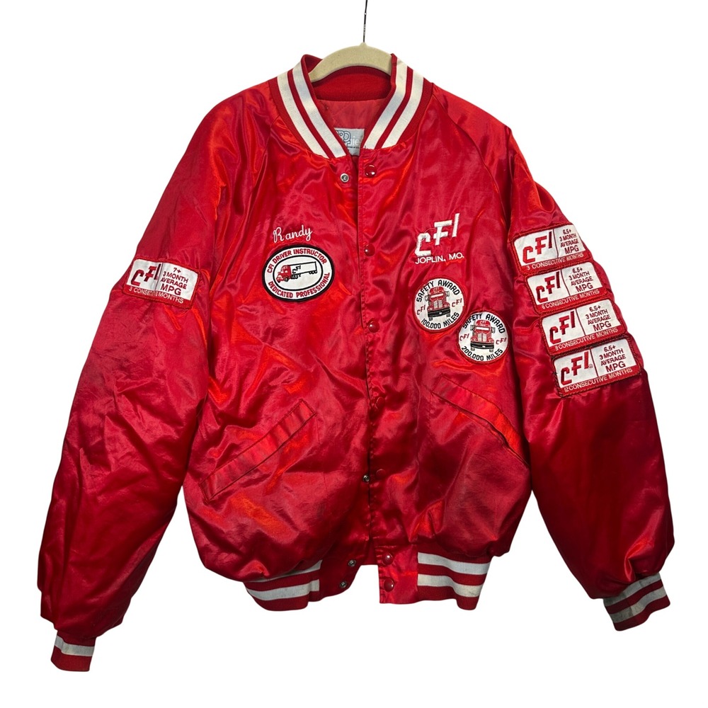 Vintage Trucking Satin Bomber Jacket Red Patches Retro Mens Large USA 80s